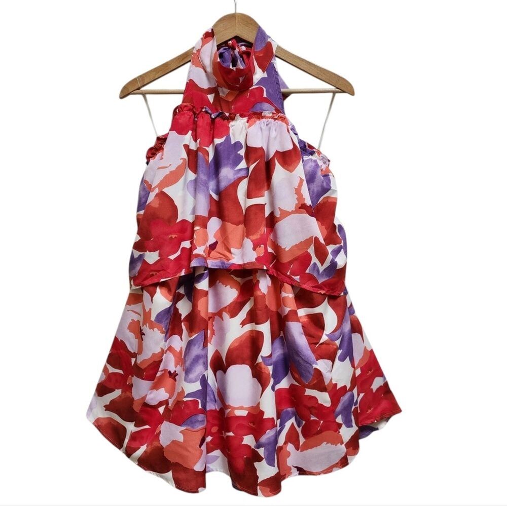Entro  Red Purple Abstract Floral Halter Mini Layered Flared Dress Size L Beach - Picture 2 of 15